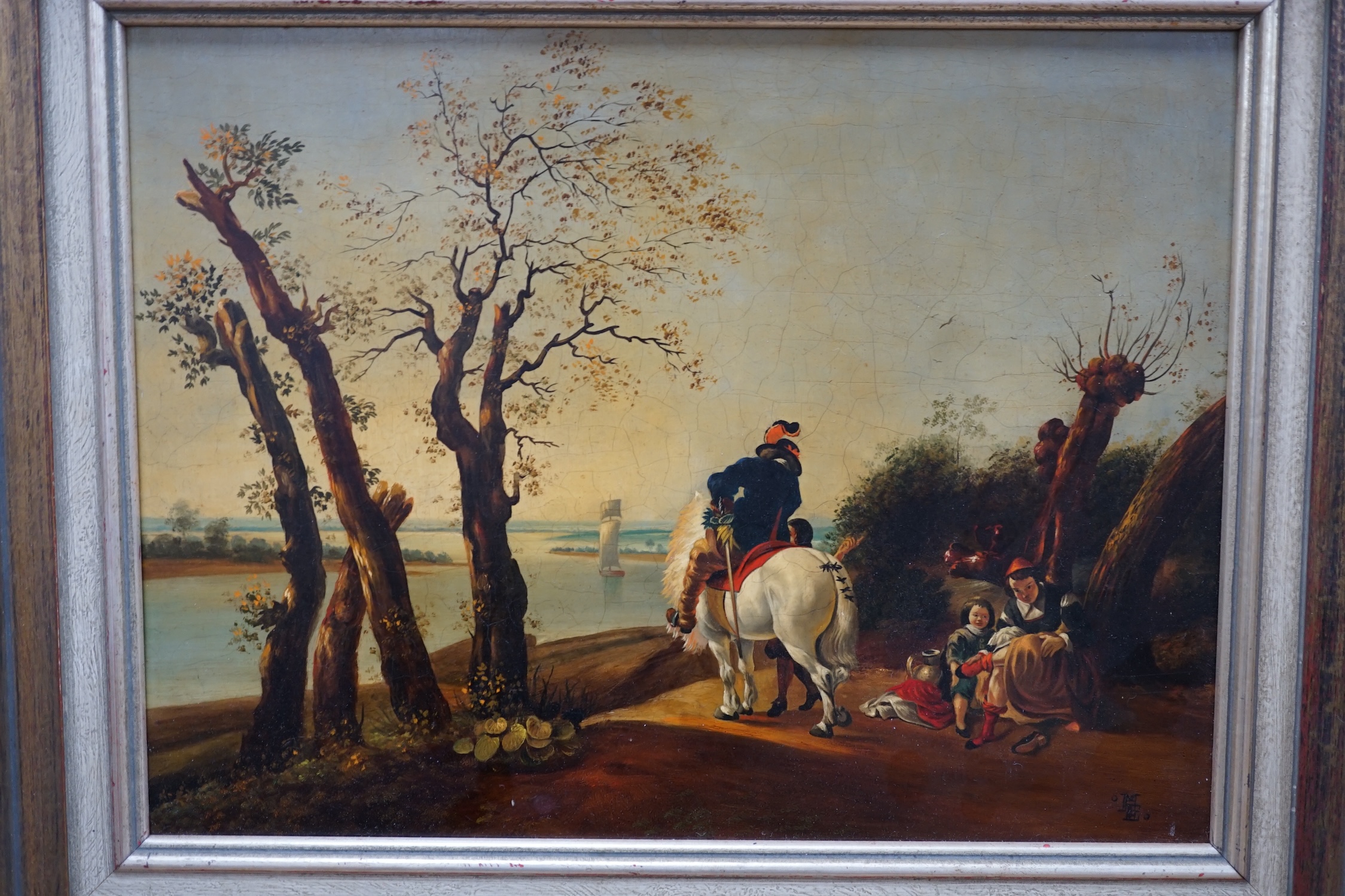 Dutch school, pair of oils on board, landscapes with figures on horseback, monogrammed ME, 24 x 32cm. Condition - fair